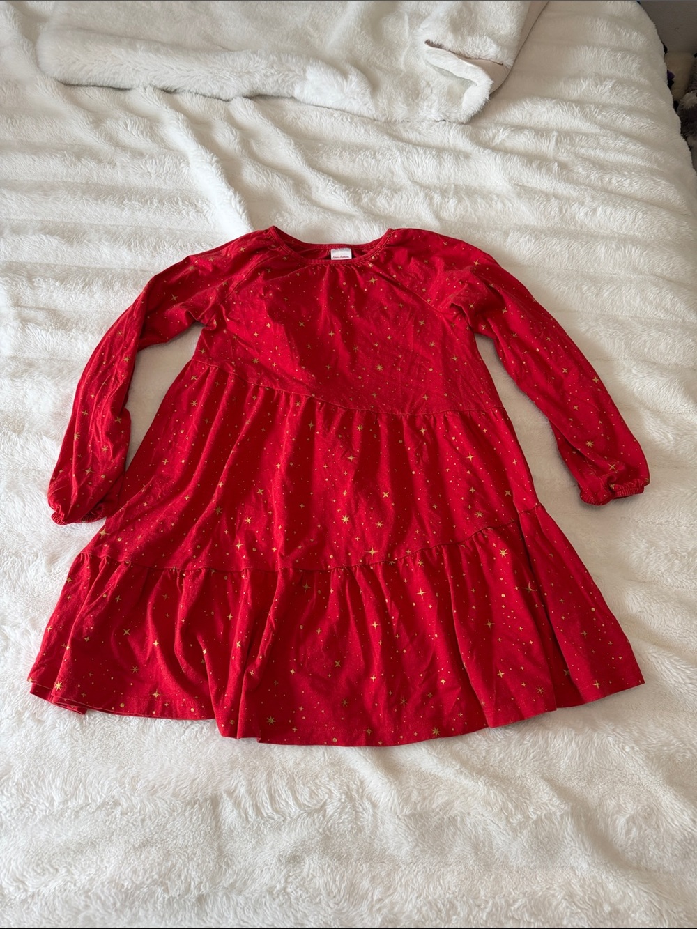 Hanna Andersson Size 10 Red Long-Sleeve Tiered Dress with Gold Stars